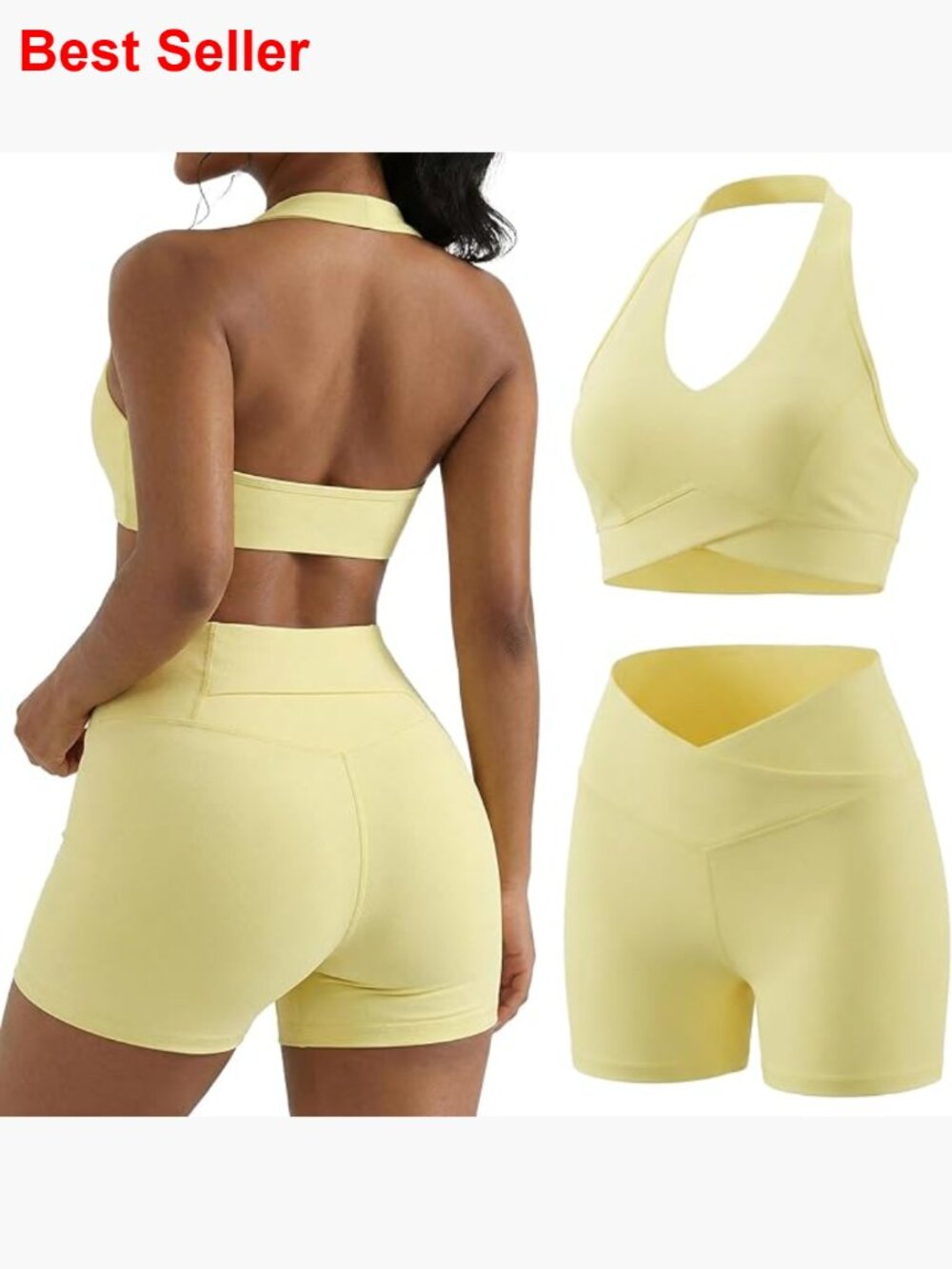 Nylon Blend Halter Sports Bra And High Waisted Biker Shorts Workout Set